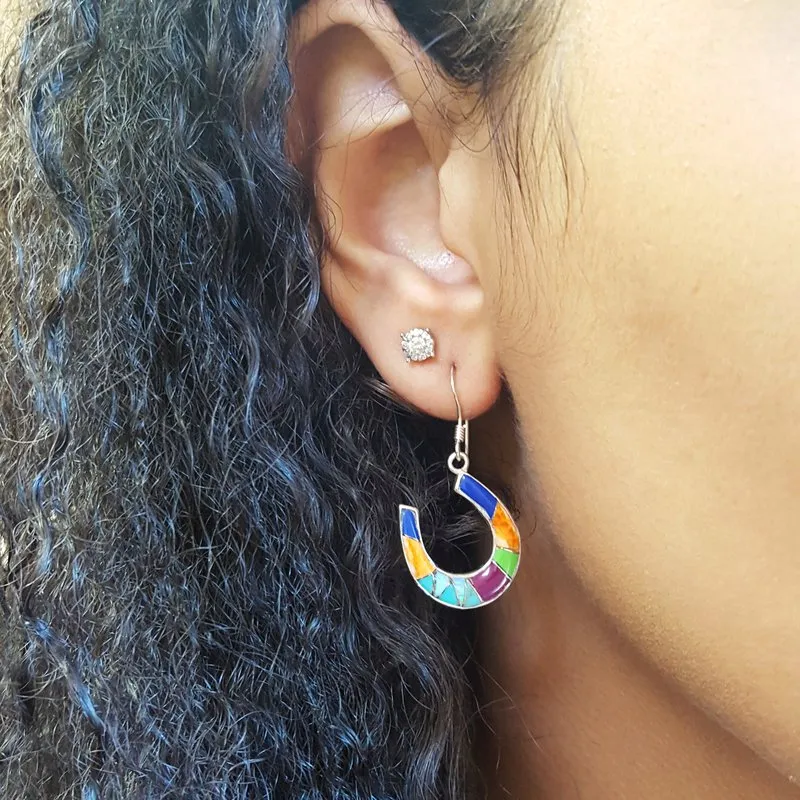 Arizona Turquoise and Inlaid Jewelry Multicolored Horseshoe Dangle Earrings