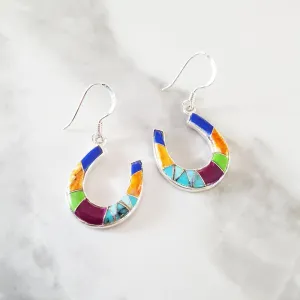 Arizona Turquoise and Inlaid Jewelry Multicolored Horseshoe Dangle Earrings