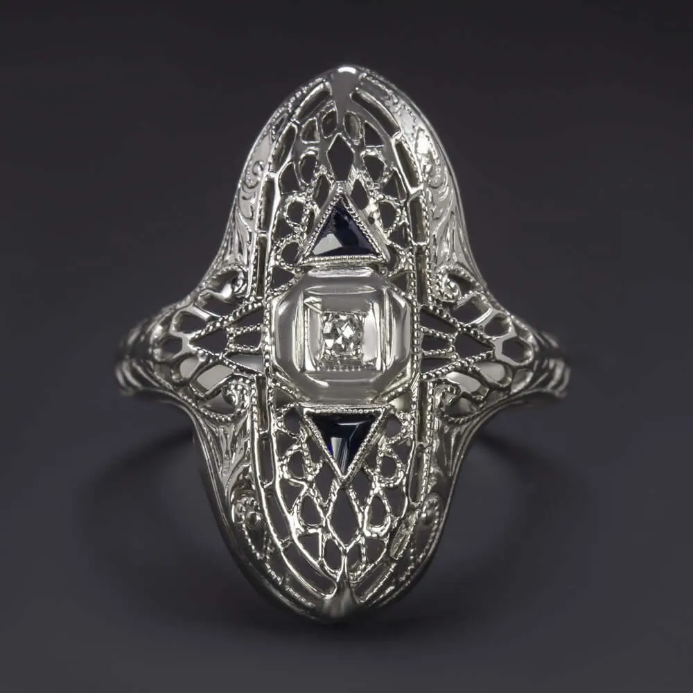 ART DECO DIAMOND SAPPHIRE COCKTAIL RING FILIGREE VINTAGE 1920s NAVETTE