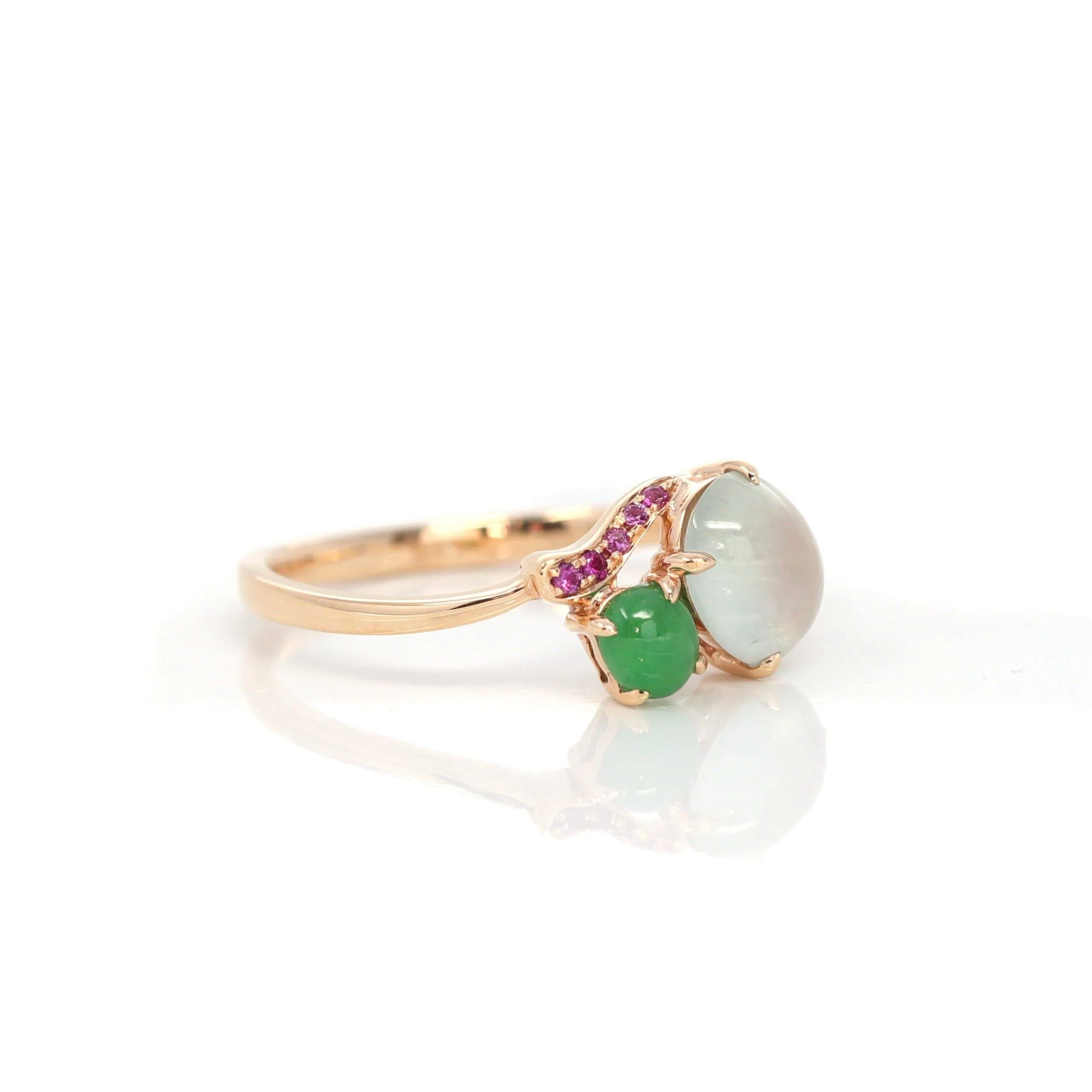 Baikalla™ "Elora" 18k Rose Gold Natural Ice & Imperial Jadeite Engagement Ring With Rubies & Diamonds