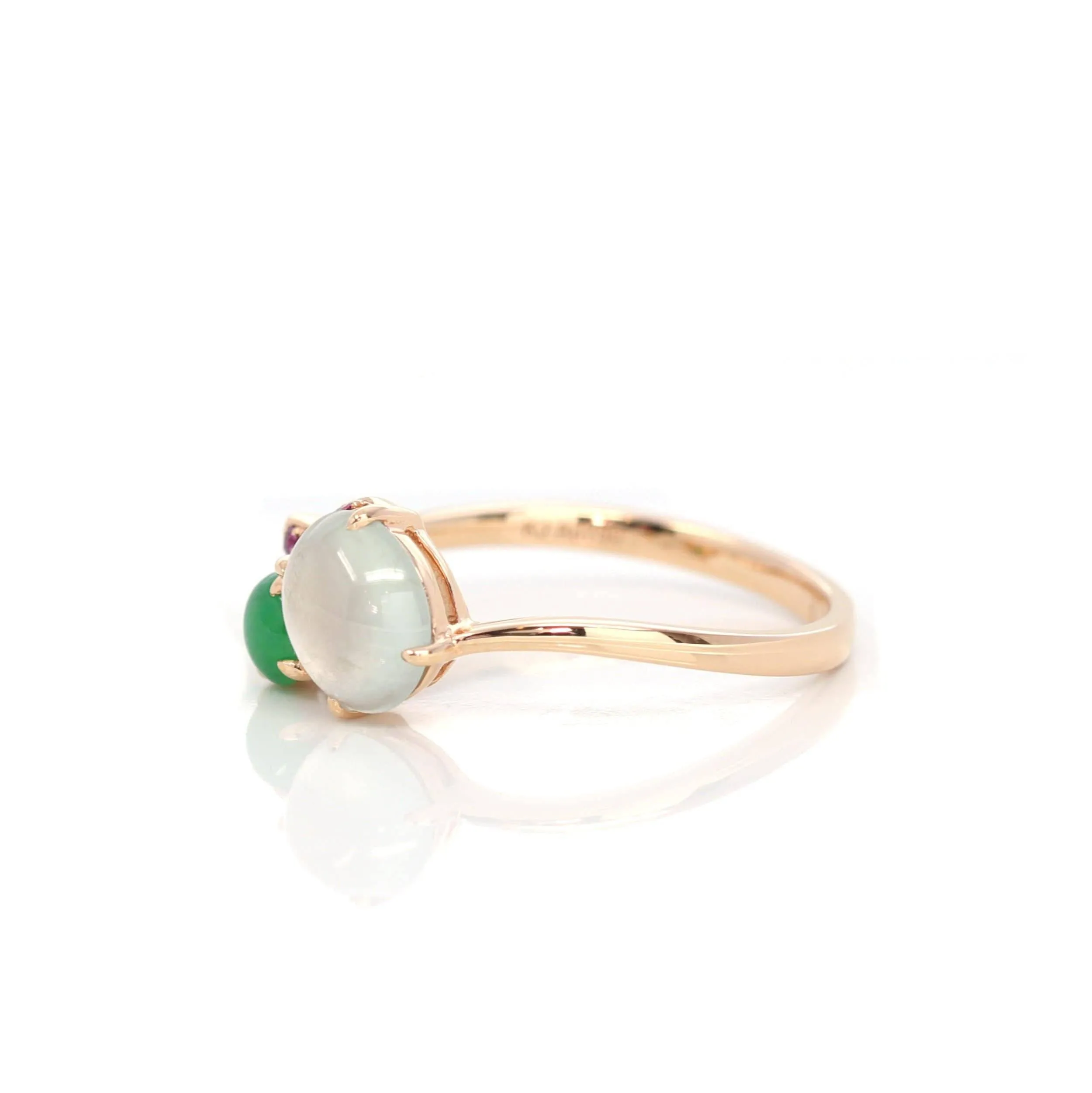 Baikalla™ "Elora" 18k Rose Gold Natural Ice & Imperial Jadeite Engagement Ring With Rubies & Diamonds