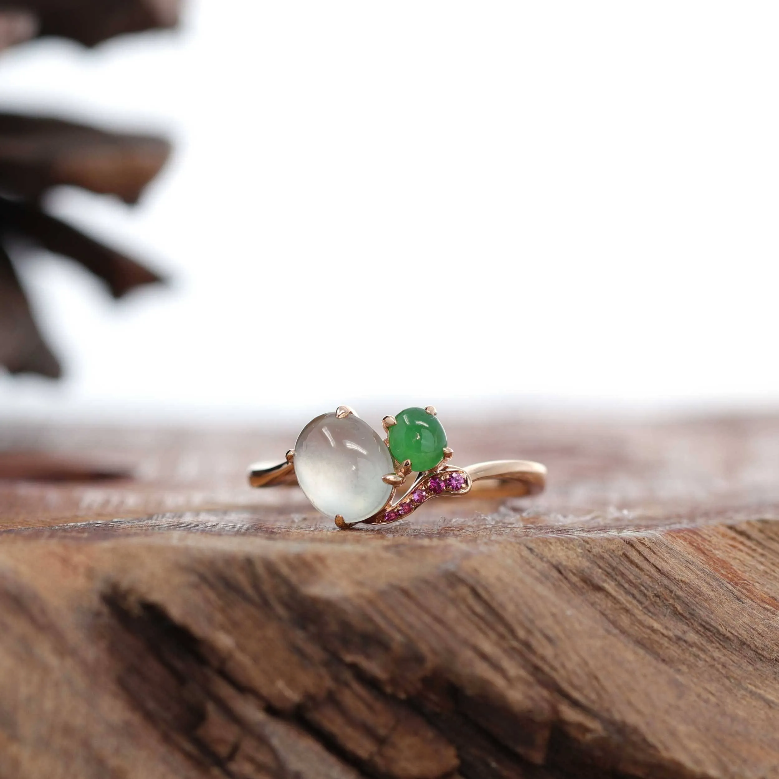 Baikalla™ "Elora" 18k Rose Gold Natural Ice & Imperial Jadeite Engagement Ring With Rubies & Diamonds