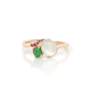 Baikalla™ "Elora" 18k Rose Gold Natural Ice & Imperial Jadeite Engagement Ring With Rubies & Diamonds