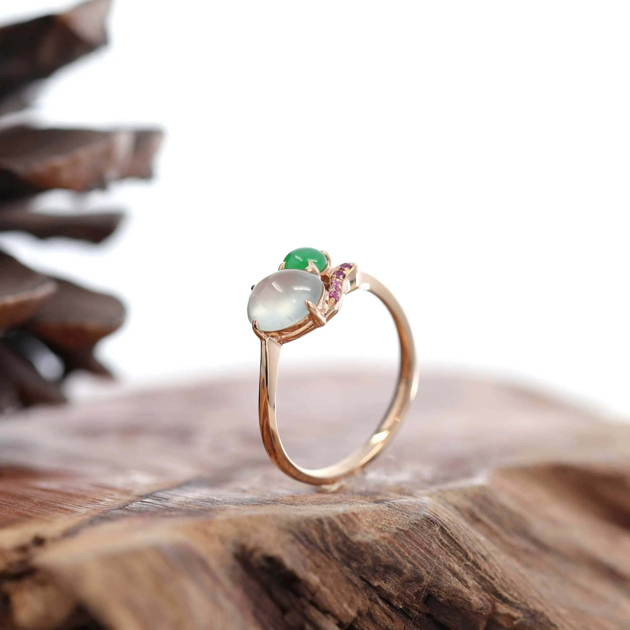Baikalla™ "Elora" 18k Rose Gold Natural Ice & Imperial Jadeite Engagement Ring With Rubies & Diamonds