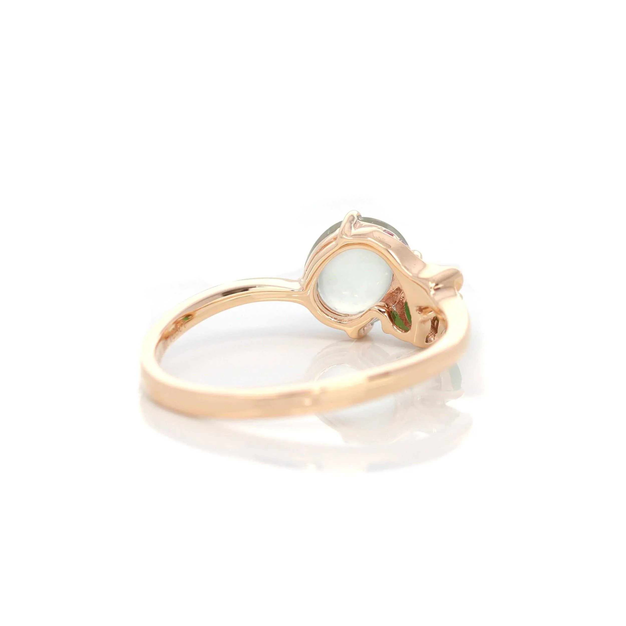 Baikalla™ "Elora" 18k Rose Gold Natural Ice & Imperial Jadeite Engagement Ring With Rubies & Diamonds