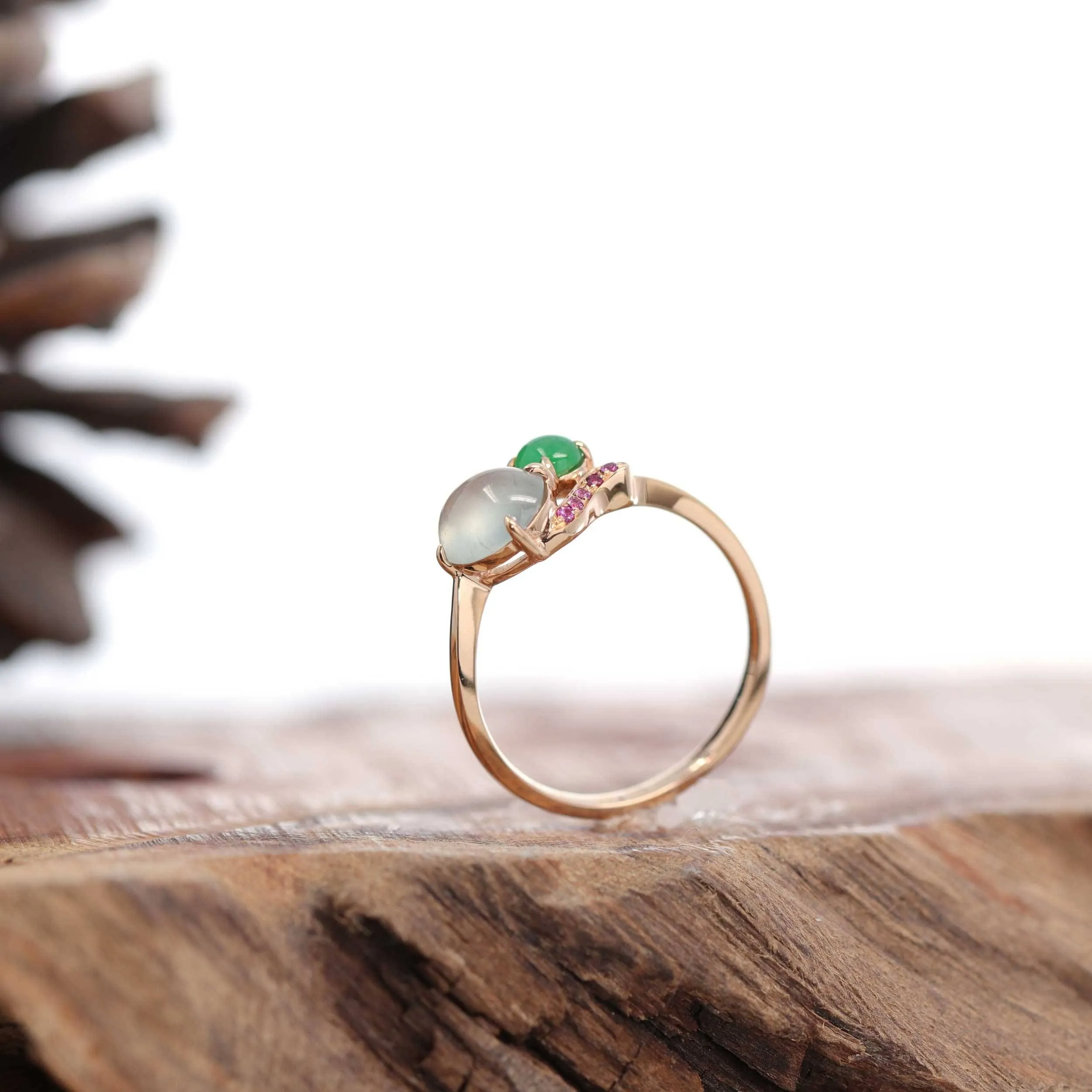 Baikalla™ "Elora" 18k Rose Gold Natural Ice & Imperial Jadeite Engagement Ring With Rubies & Diamonds