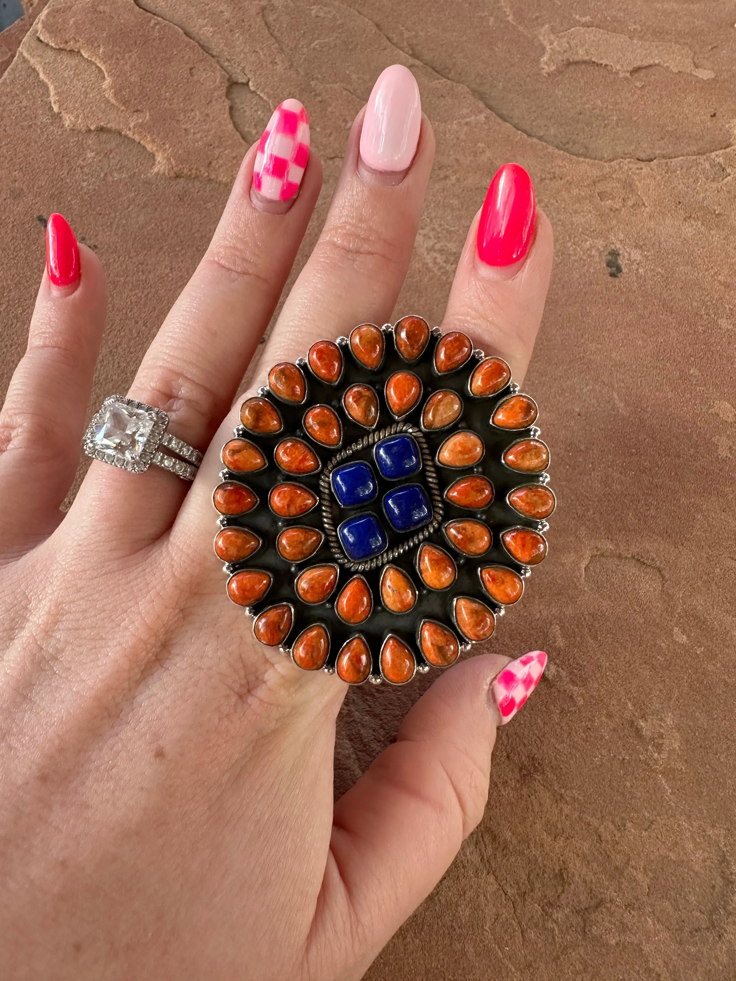 Beautiful Handmade Orange Mojave, Lapis And Sterling Silver Adjustable Statement Ring