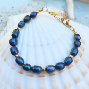 BLACK BAROQUE PEARL WATERPROOF 18K GOLD BRACELET