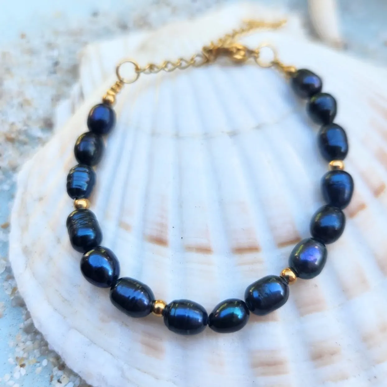 BLACK BAROQUE PEARL WATERPROOF 18K GOLD BRACELET