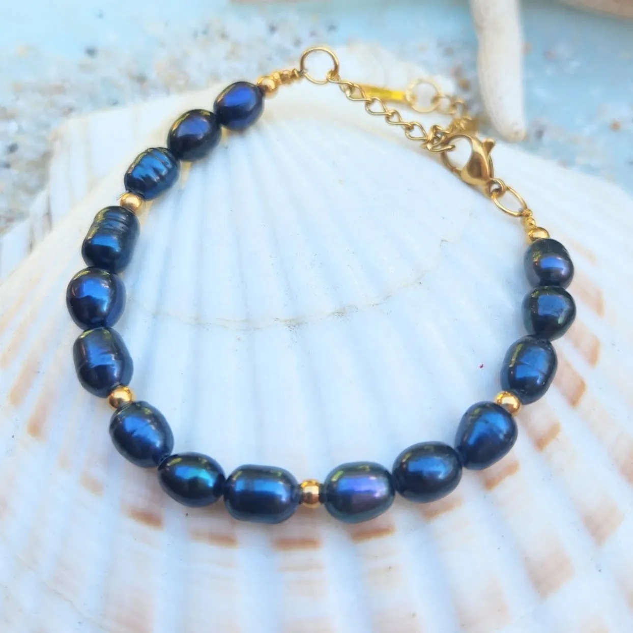 BLACK BAROQUE PEARL WATERPROOF 18K GOLD BRACELET