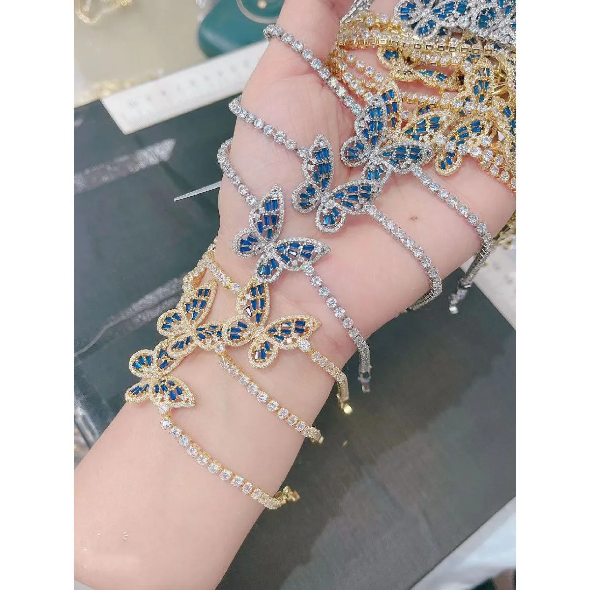 Blue Butterfly Cubic Zirconia Silver Plated Solitaire Bracelet for Women