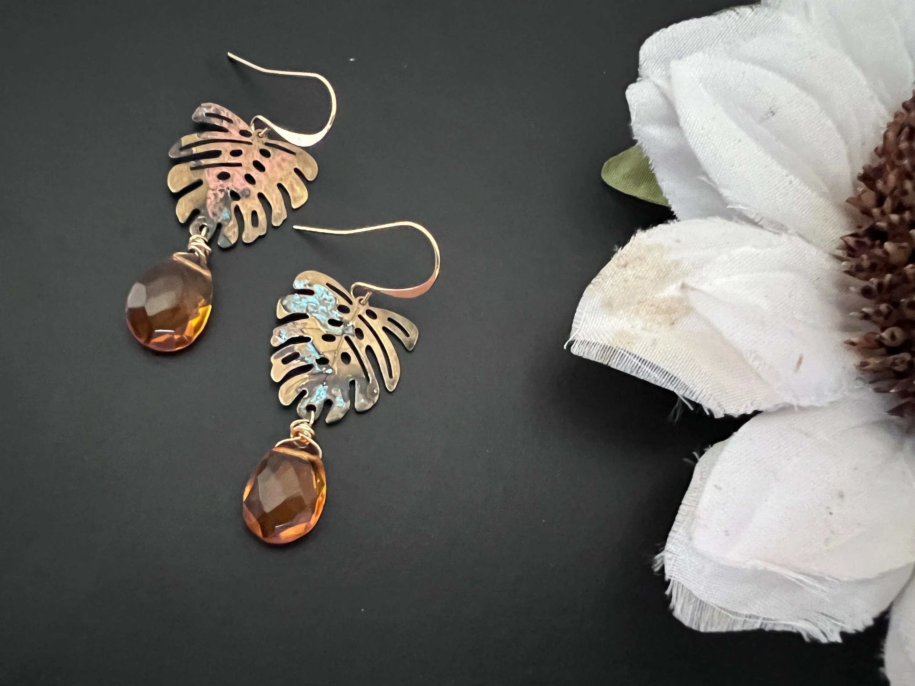 Boho earrings , patina earrings, hand patina earrings, brass earrings, Quartz earrings