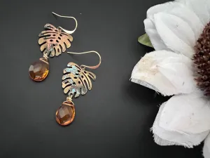 Boho earrings , patina earrings, hand patina earrings, brass earrings, Quartz earrings