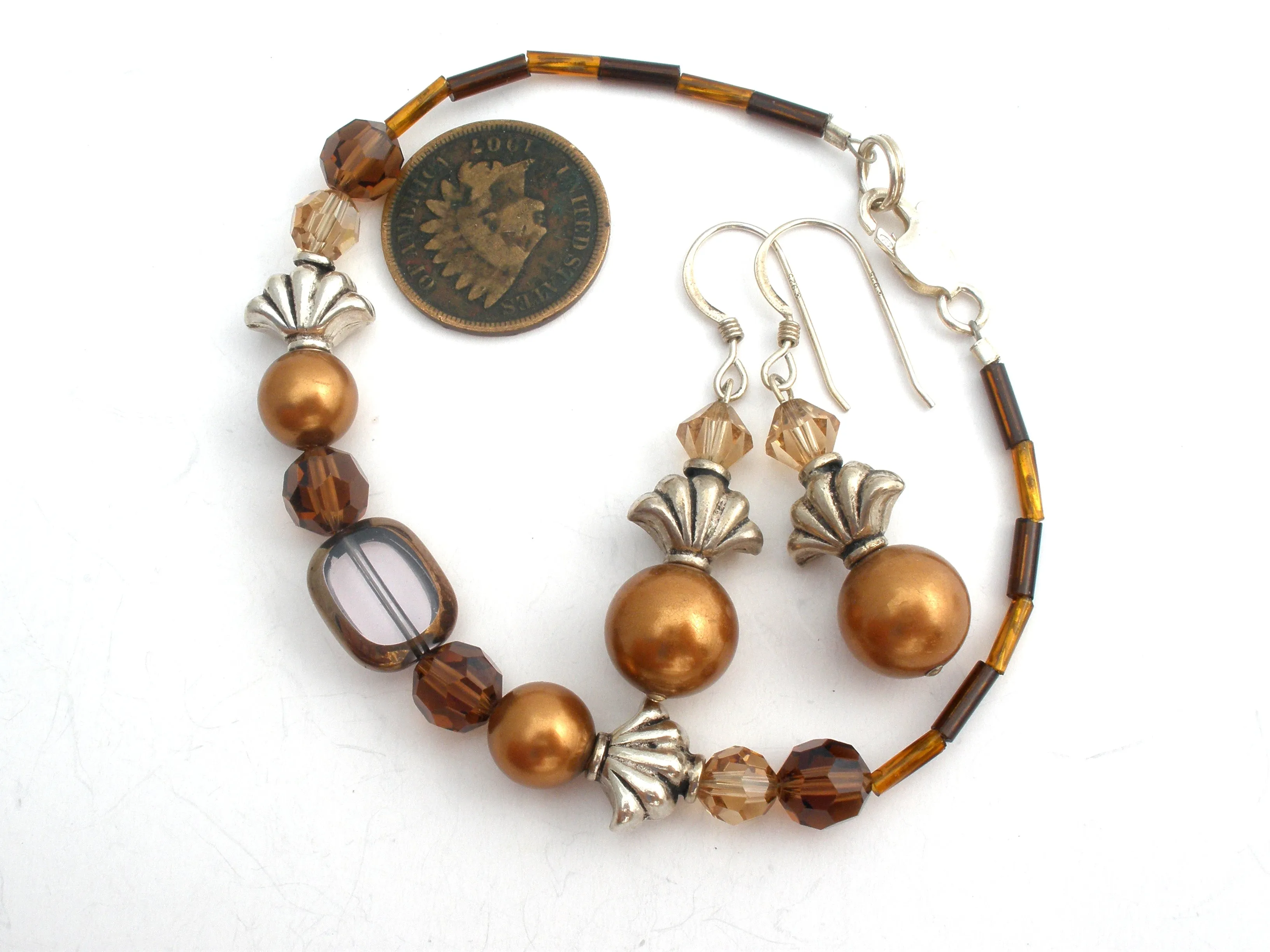 Brown Pearl & Crystal Bracelet Set 925