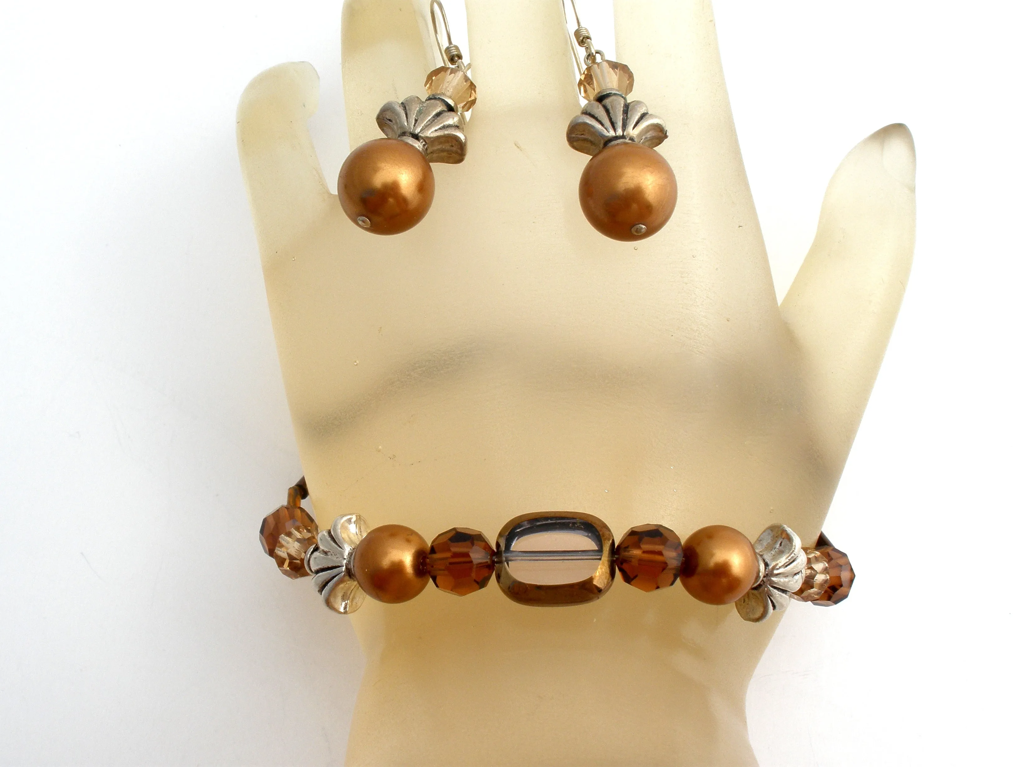 Brown Pearl & Crystal Bracelet Set 925