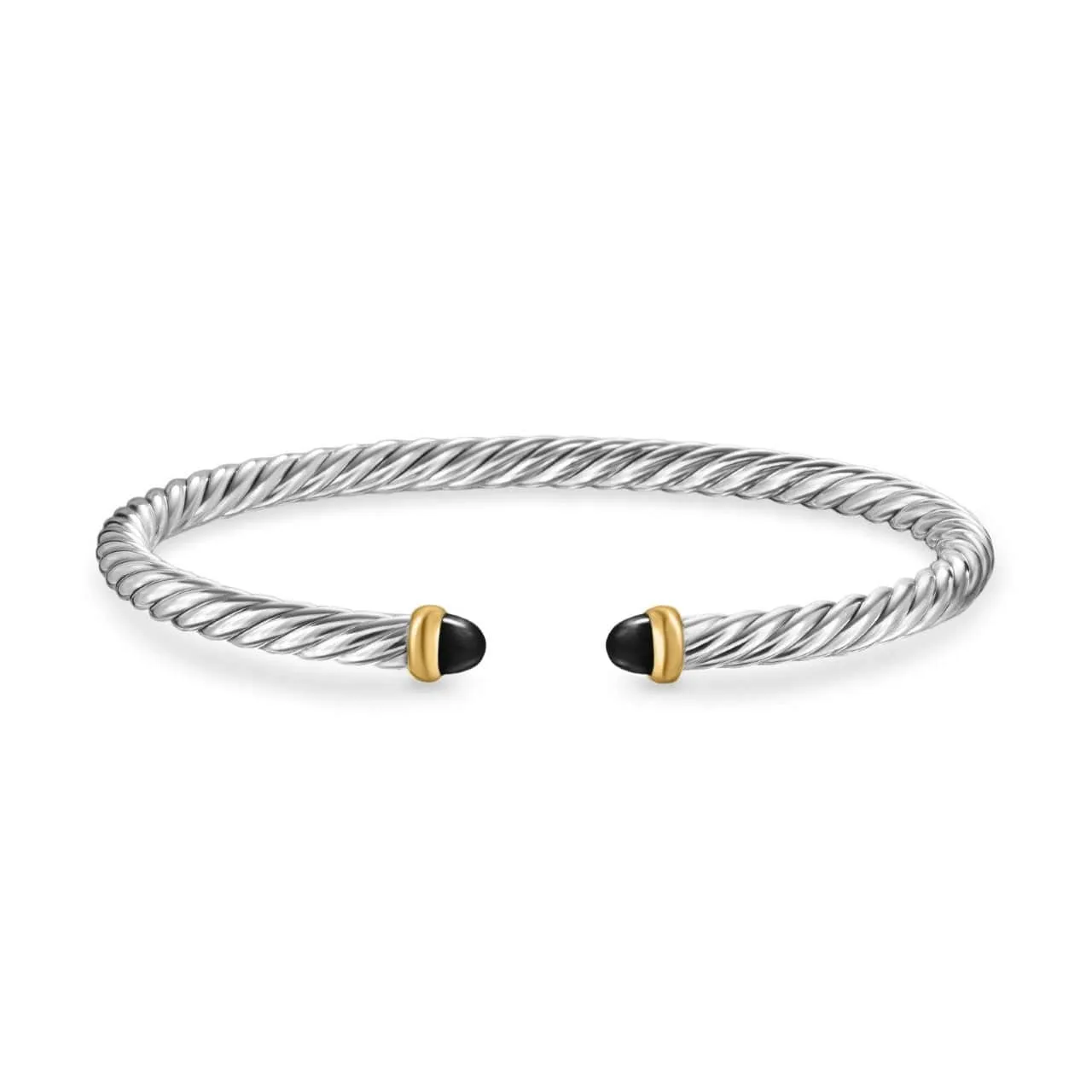 Cable Flex Bracelet in Sterling Silver with 14K Yellow Gold and Black Onyx, 4mm