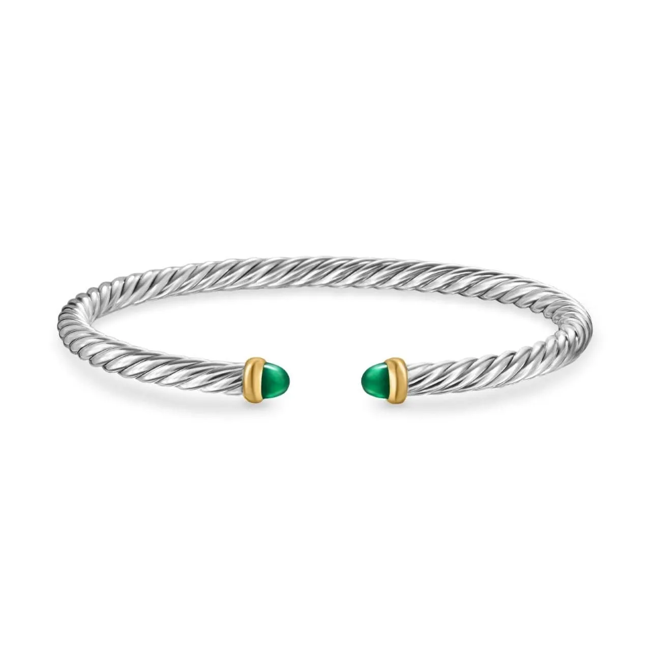 Cable Flex Bracelet in Sterling Silver with 14K Yellow Gold and Green Onyx, 4mm
