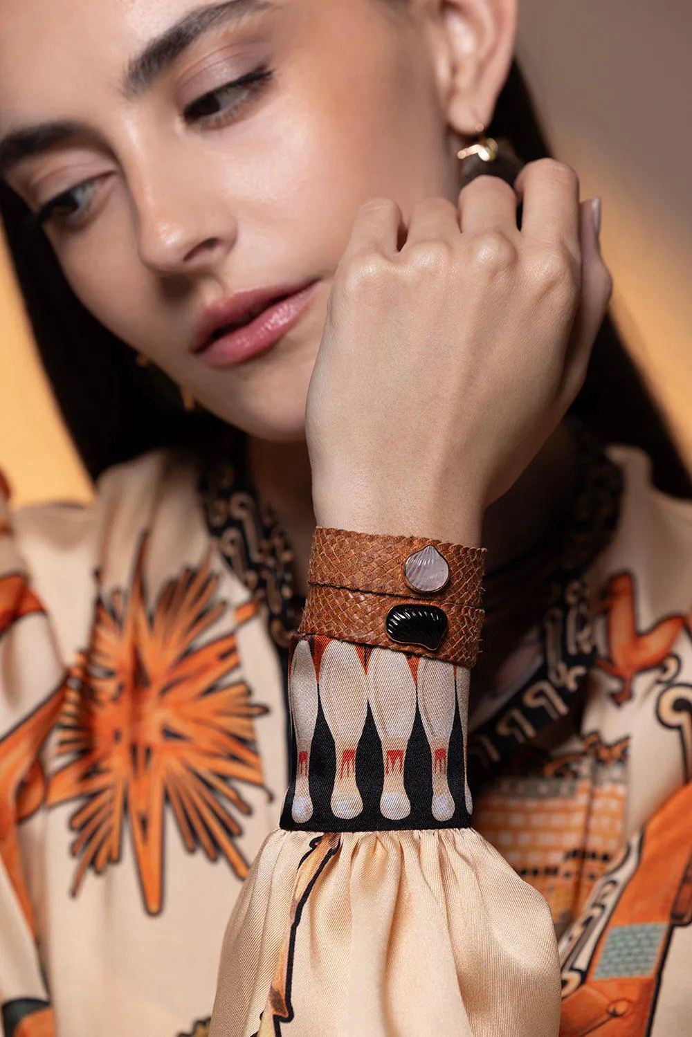 Carved Onyx Barbatia Leather Bracelet