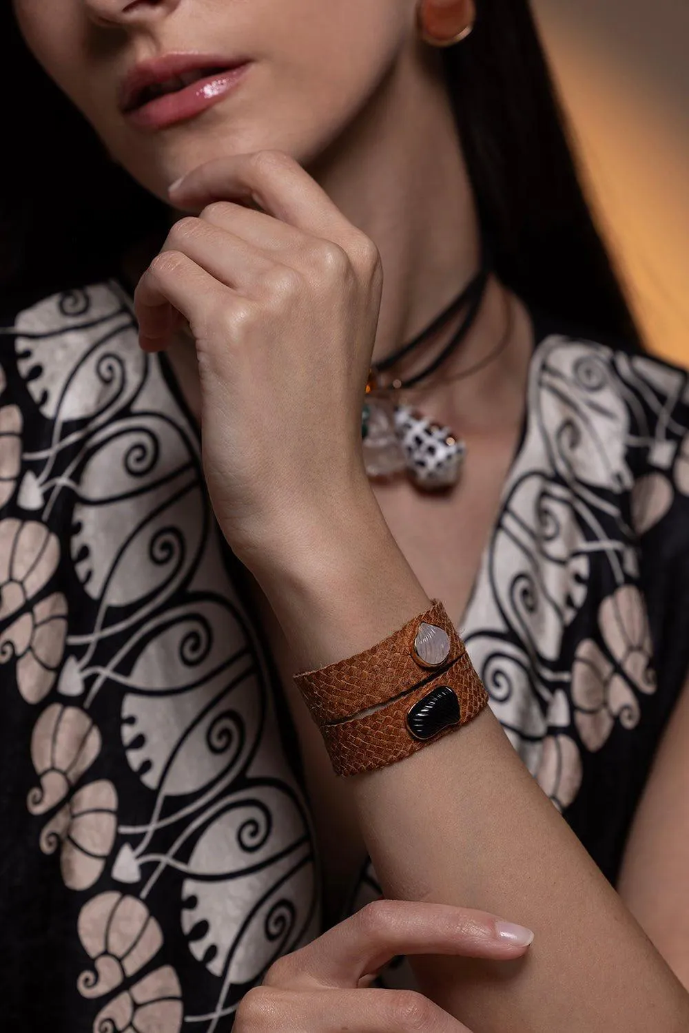 Carved Onyx Barbatia Leather Bracelet