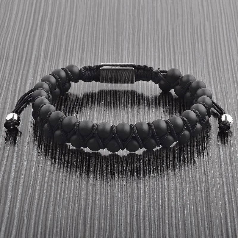 Crucible Men's Matte Black Agate Stone Beaded Adjustable Bracelet