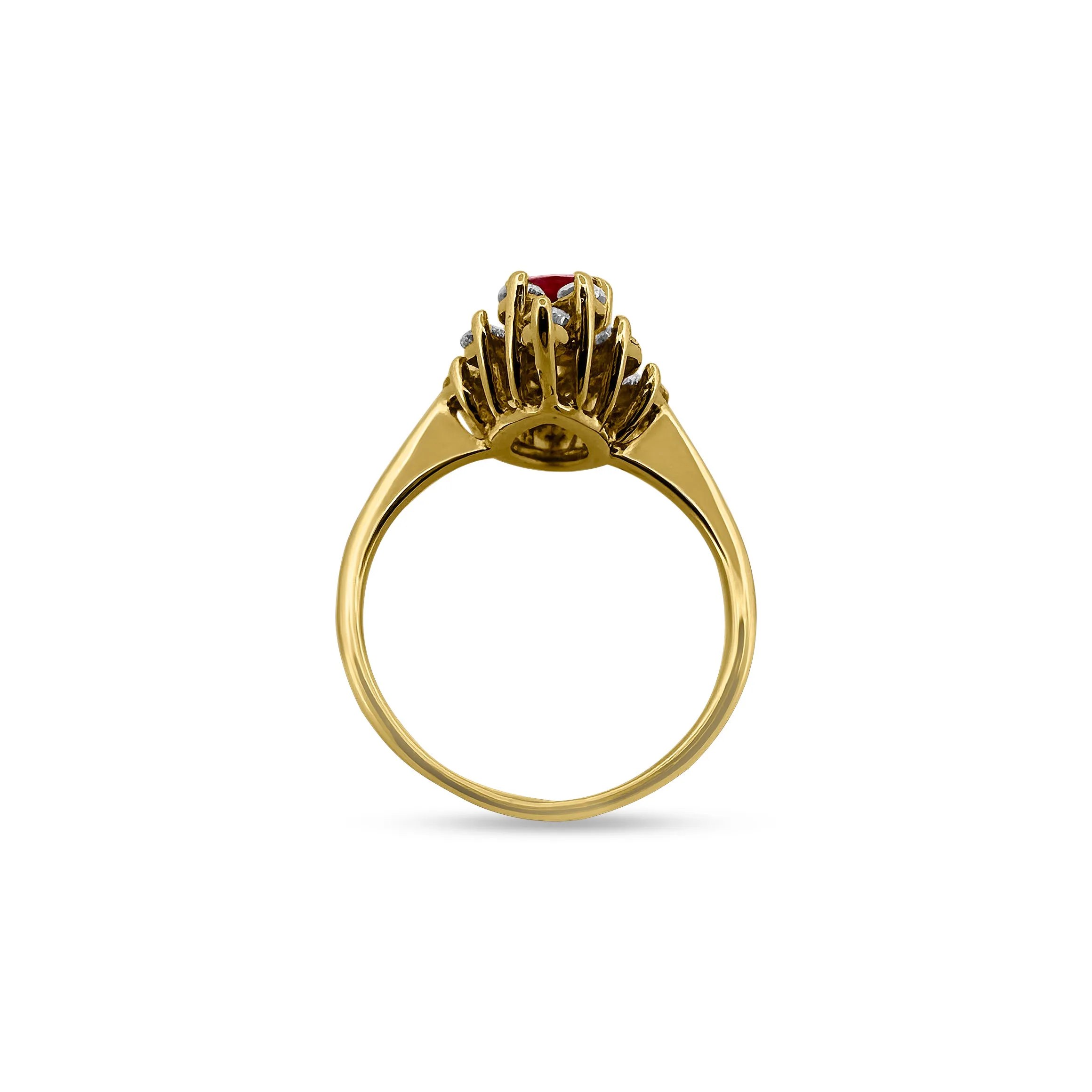 Cushion Cut Ruby and Marquise Diamond Cocktail Ring in 14k Yellow Gold
