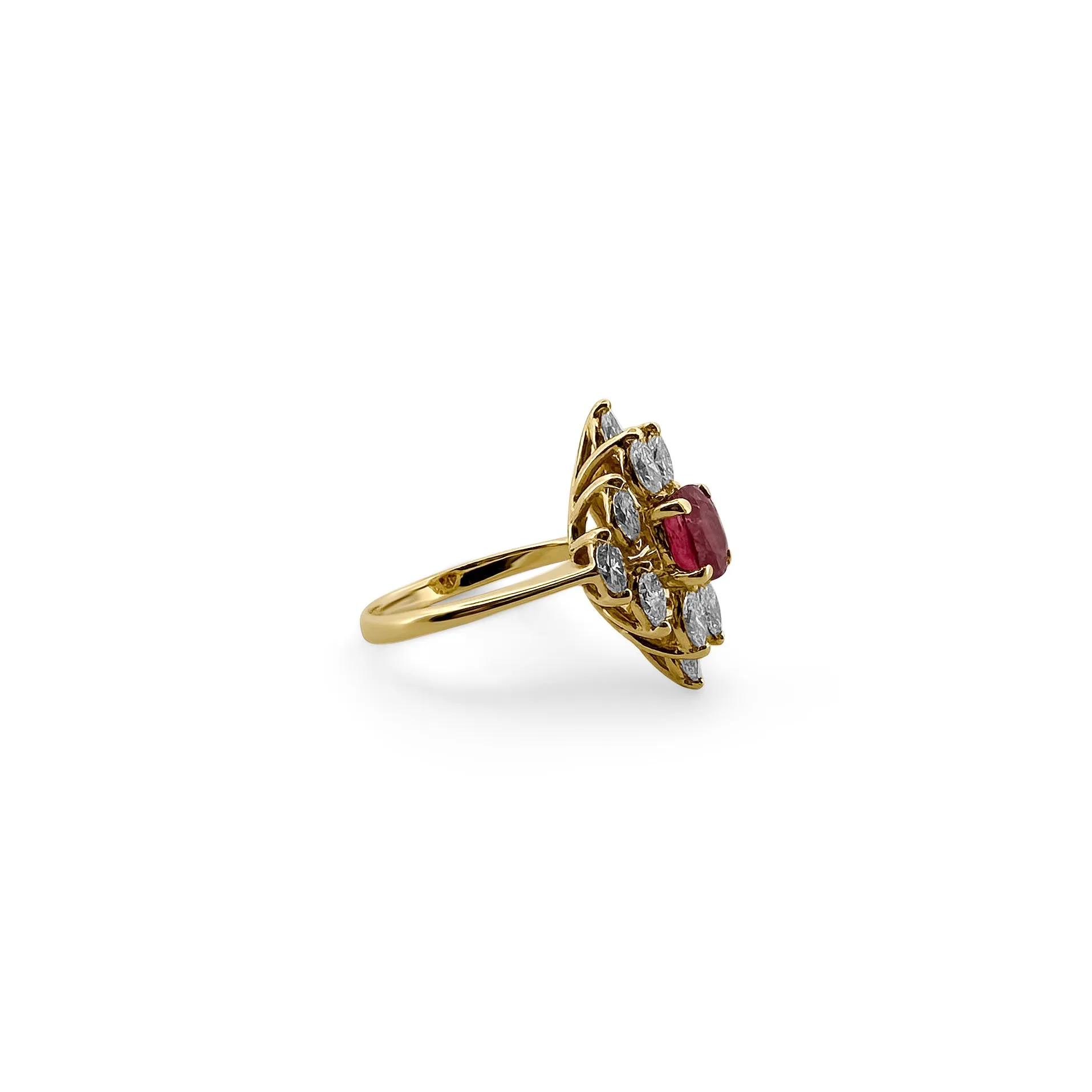Cushion Cut Ruby and Marquise Diamond Cocktail Ring in 14k Yellow Gold