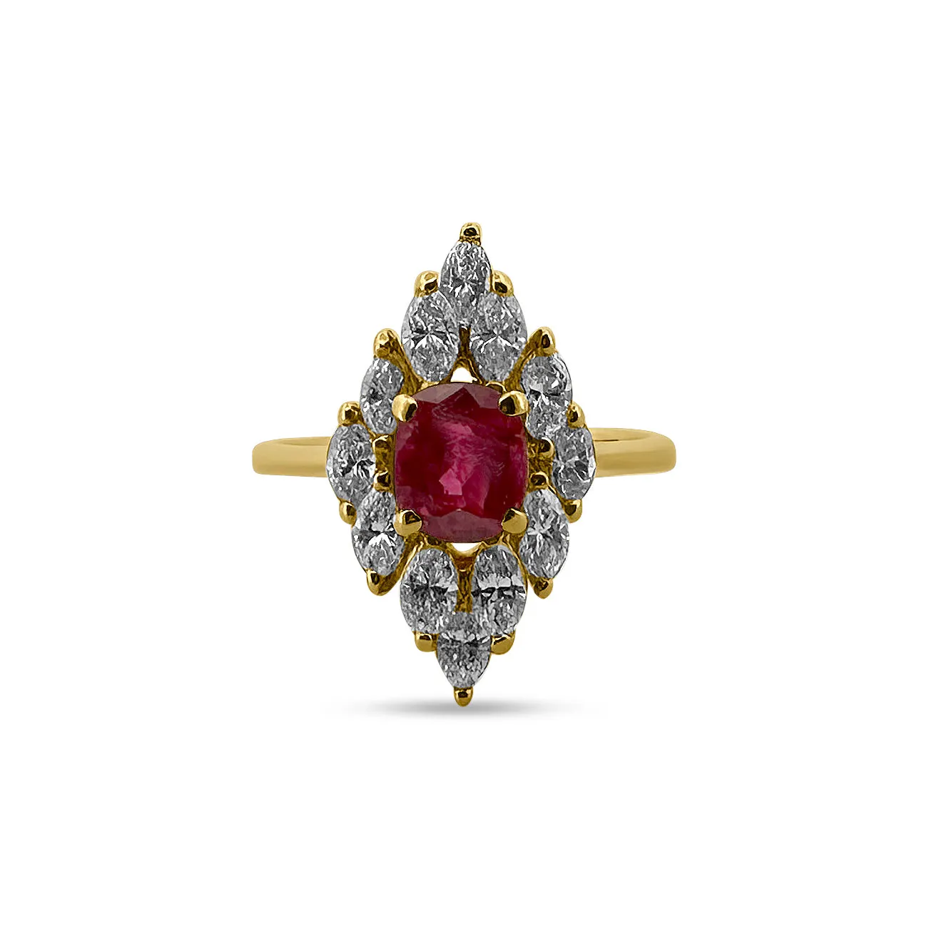 Cushion Cut Ruby and Marquise Diamond Cocktail Ring in 14k Yellow Gold