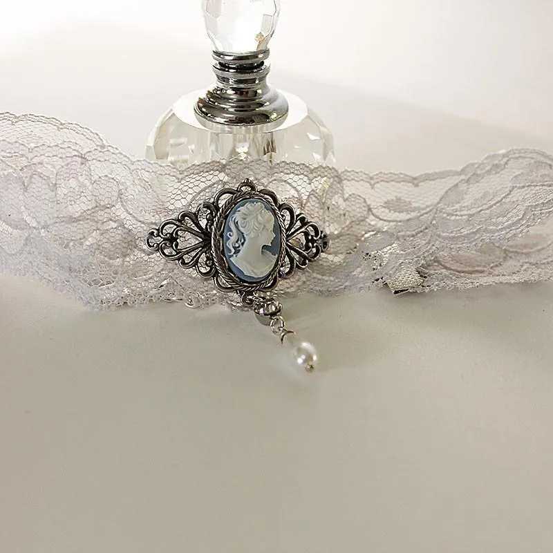 Dainty Grey Lace Cameo Victorian Choker