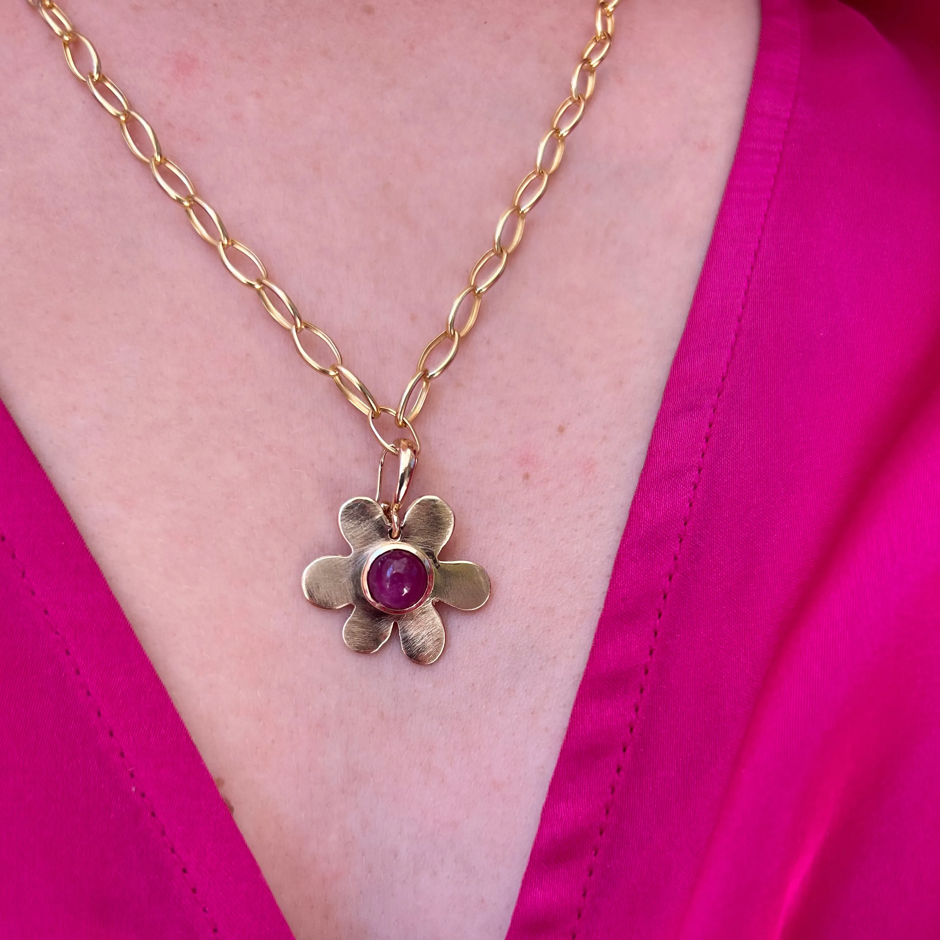Daisy Charm with Cabochon Ruby