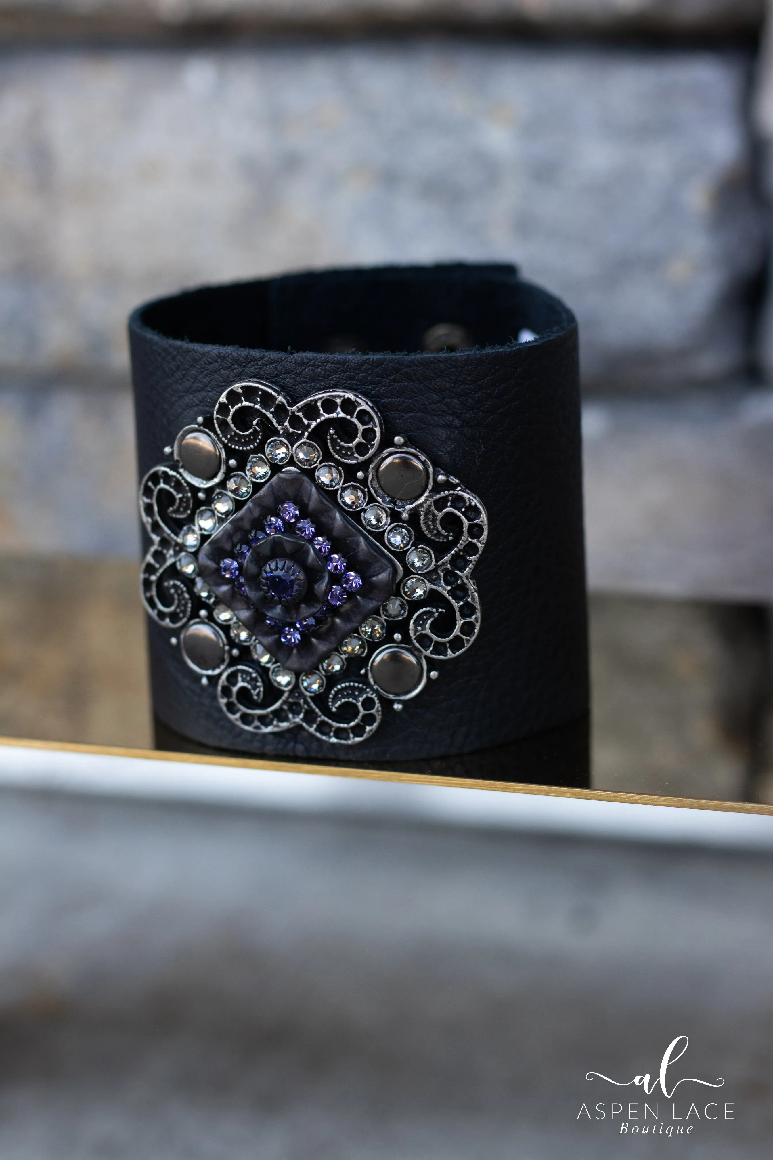 Deluxe Leather Cuff with Swarovski Crystals (Black)