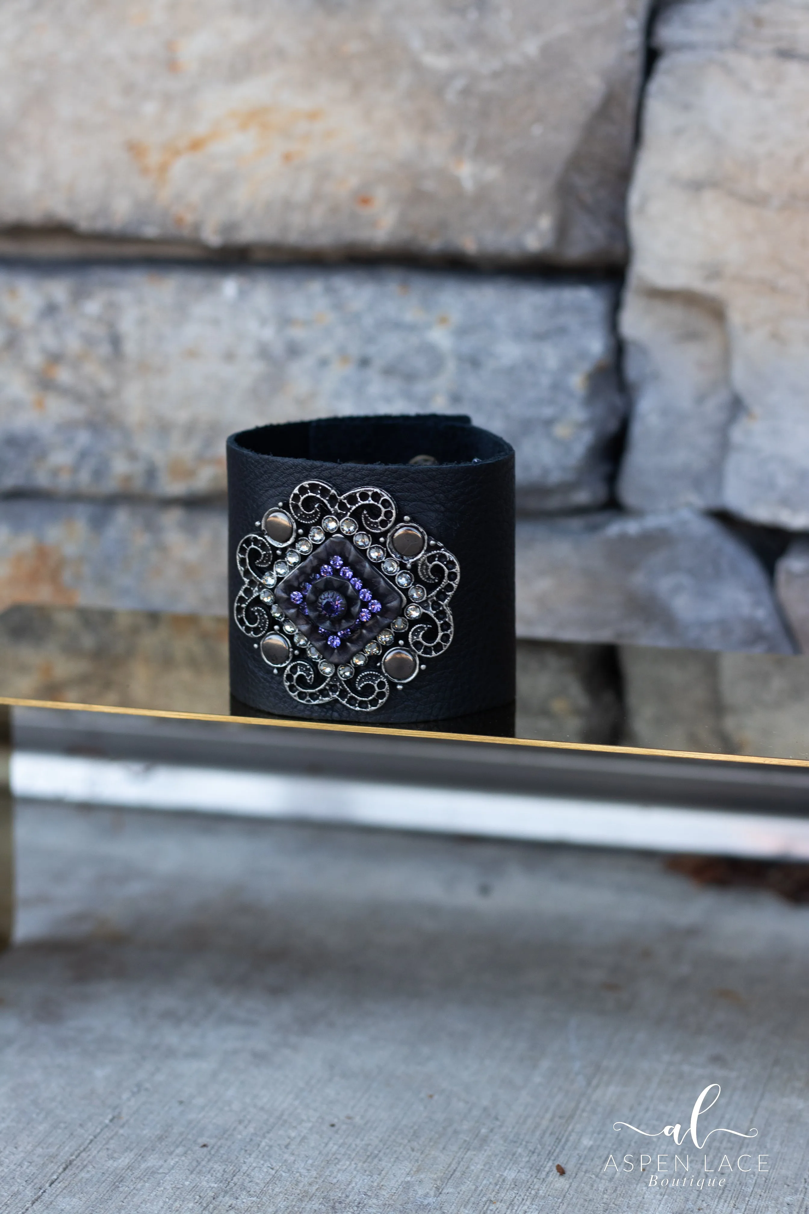 Deluxe Leather Cuff with Swarovski Crystals (Black)