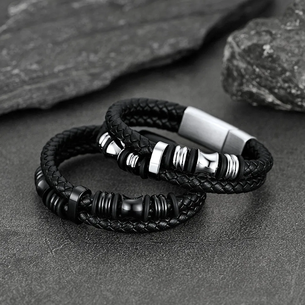 Engraved Black Braided Leather Bracelet Cuff Gift for Men