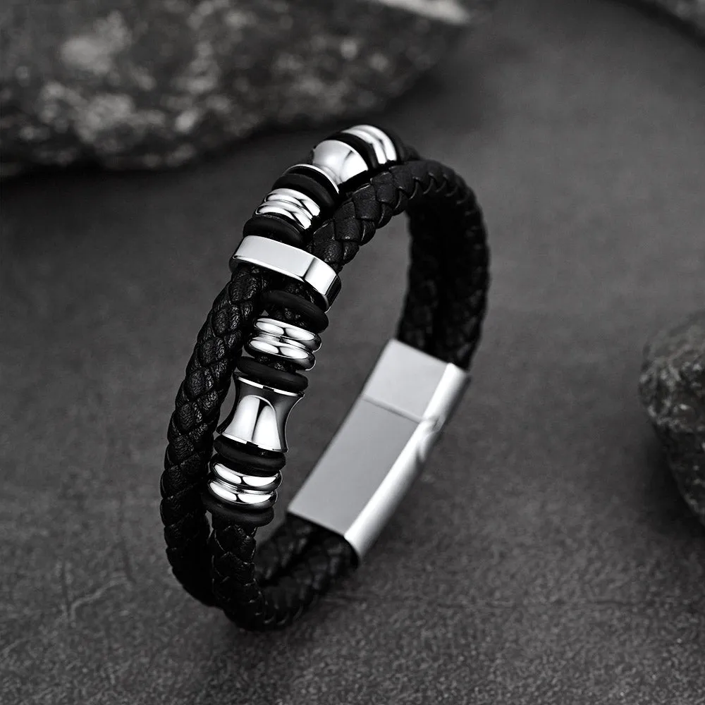 Engraved Black Braided Leather Bracelet Cuff Gift for Men
