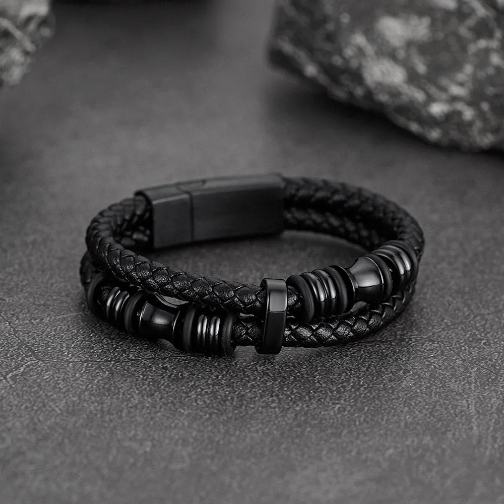 Engraved Black Braided Leather Bracelet Cuff Gift for Men