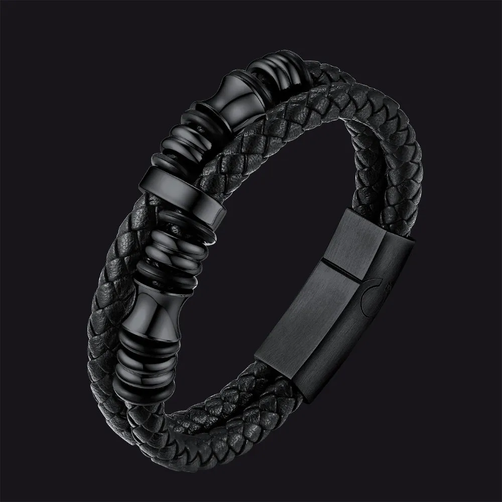 Engraved Black Braided Leather Bracelet Cuff Gift for Men