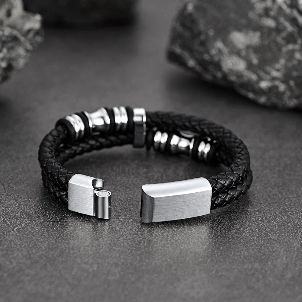 Engraved Black Braided Leather Bracelet Cuff Gift for Men