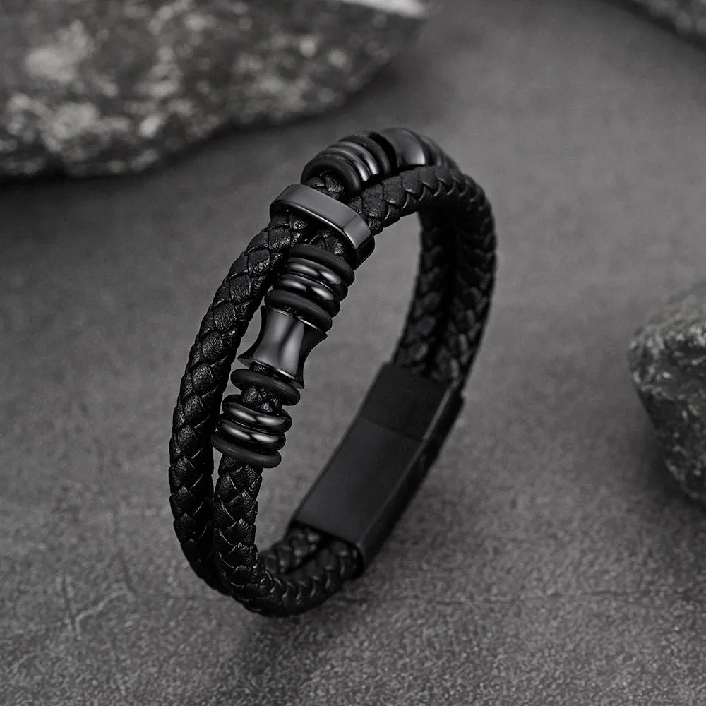 Engraved Black Braided Leather Bracelet Cuff Gift for Men