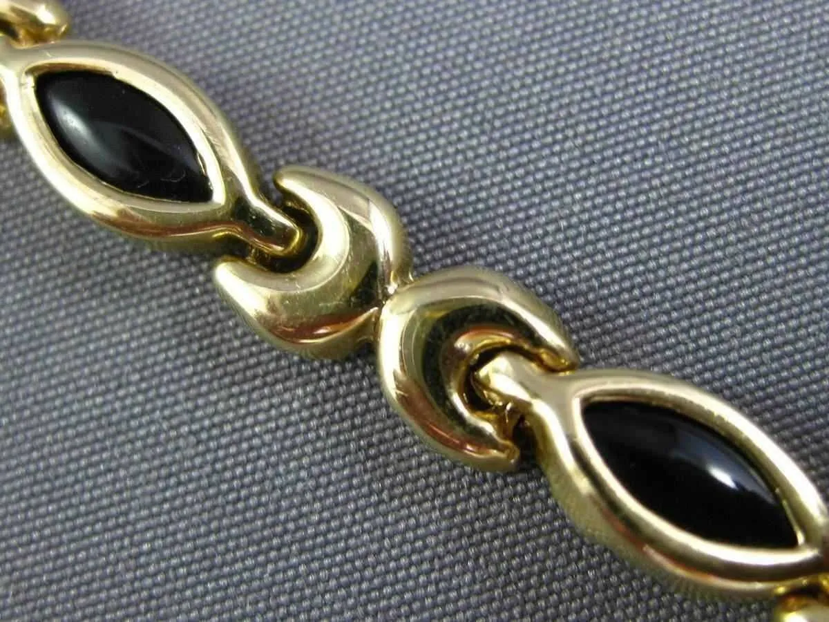 ESTATE 14KT YELLOW GOLD 3D BLACK ONYX MARQUISE HANDCRAFTED LINK LOVE BRACELET