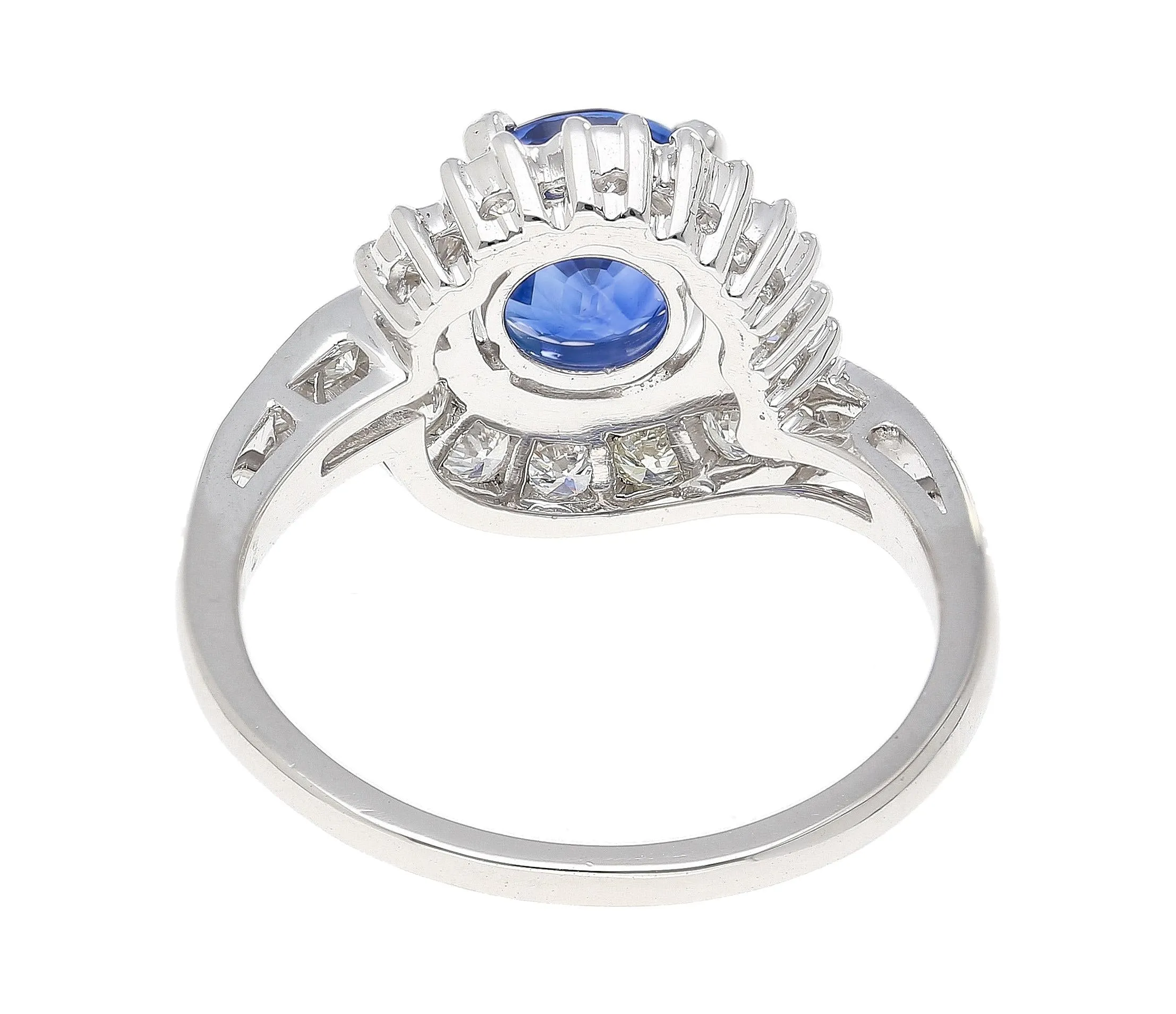 GIA Certified 2.18 Carat Oval Blue Sapphire & Diamond Platinum Bypass Halo Ring