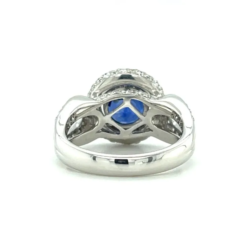 GIA Certified 3.29 Carat Round Blue Sapphire and Diamond Halo Ring in White Gold