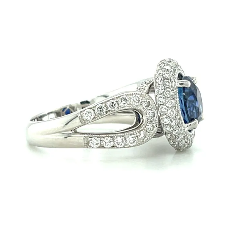 GIA Certified 3.29 Carat Round Blue Sapphire and Diamond Halo Ring in White Gold