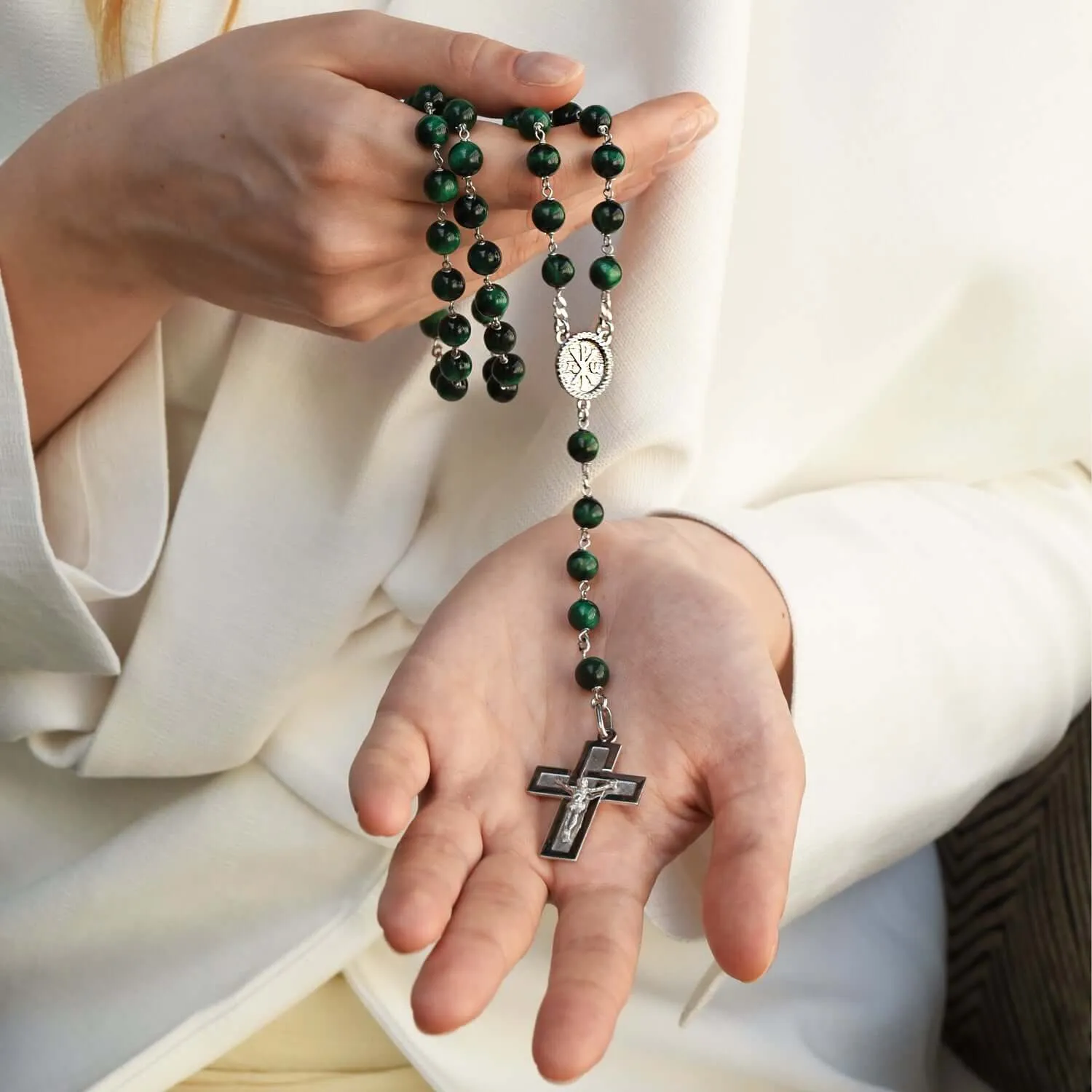 GREEN TIGER EYE ROSARY - SILVER