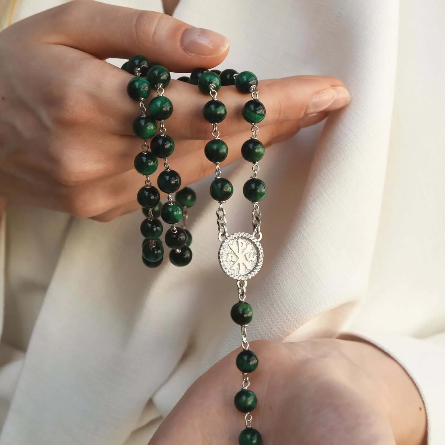 GREEN TIGER EYE ROSARY - SILVER