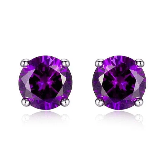 Lab Created Amethyst 6mm Round Cut 925 Sterling Silver Stud Earrings