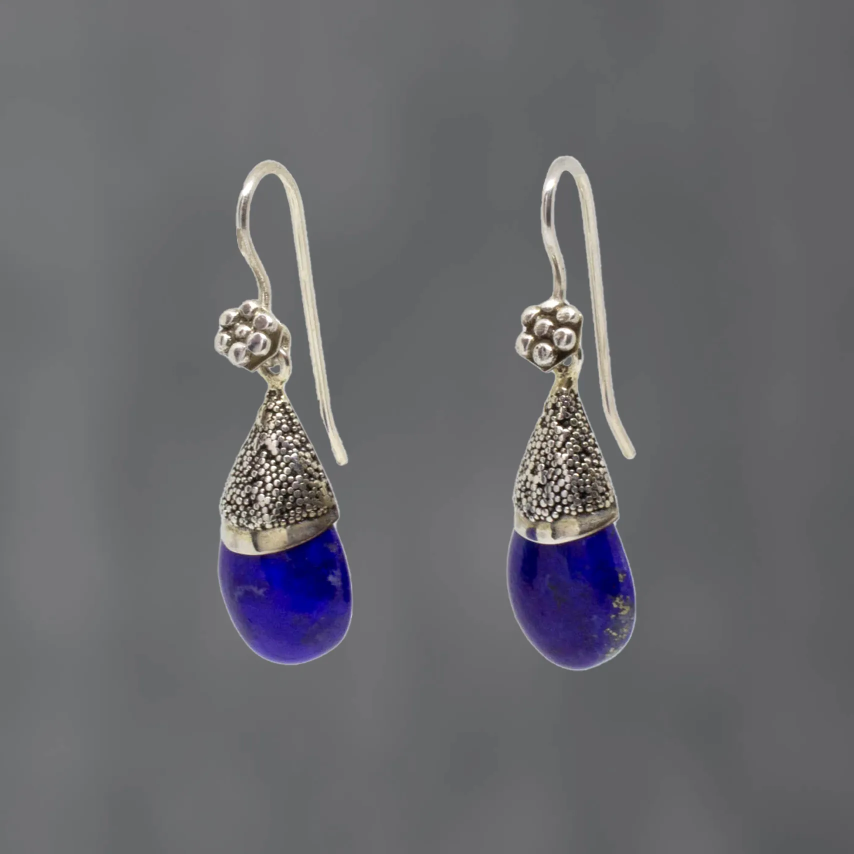 Lapis Lazuli and Silver Granulation Drop Earrings