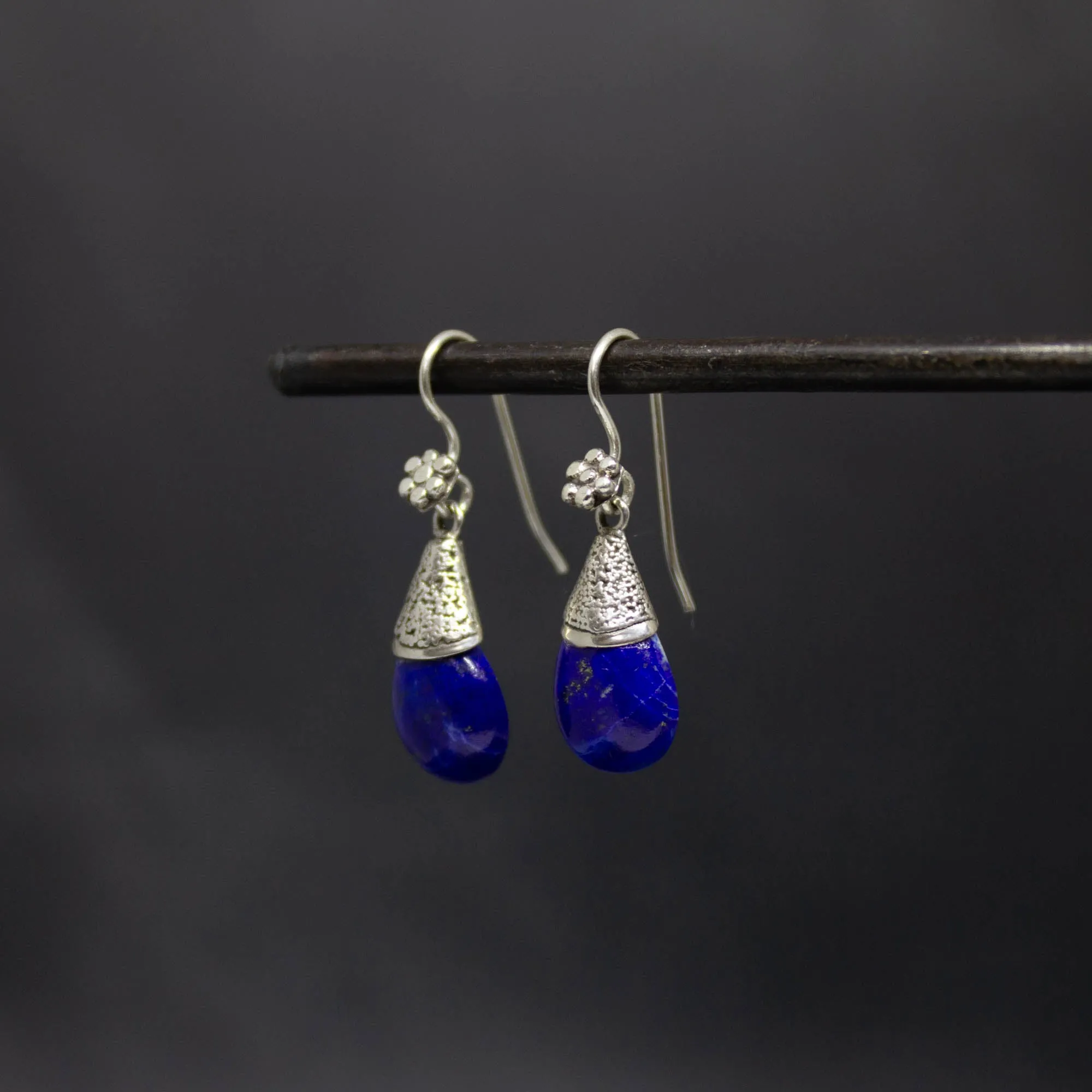 Lapis Lazuli and Silver Granulation Drop Earrings
