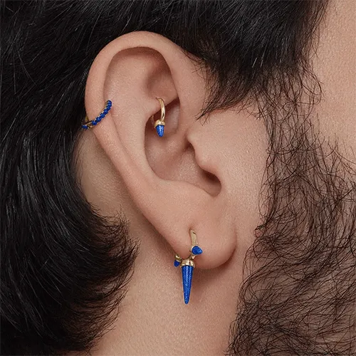 Lapis Single Short Spike Non-Rotating Earring by Maria Tash in Yellow Gold
