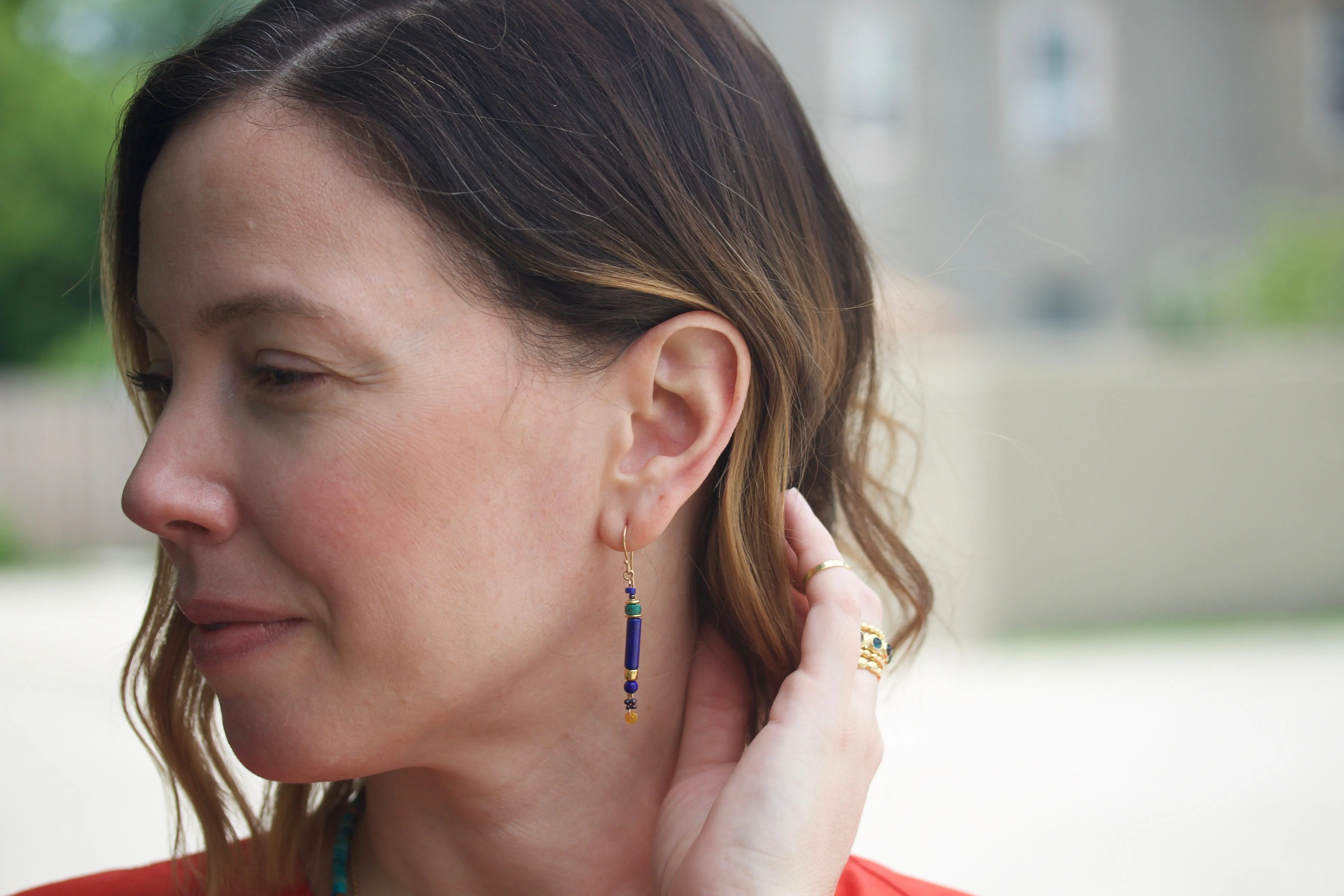 Lapis, Turquoise, Opal & High Karat Gold Dangle Earrings