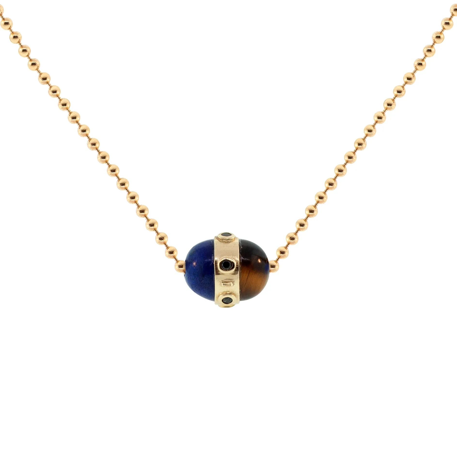 Lapis/Tiger's Eye Pendant With Black Diamonds On A Gold Ball Chain Necklace