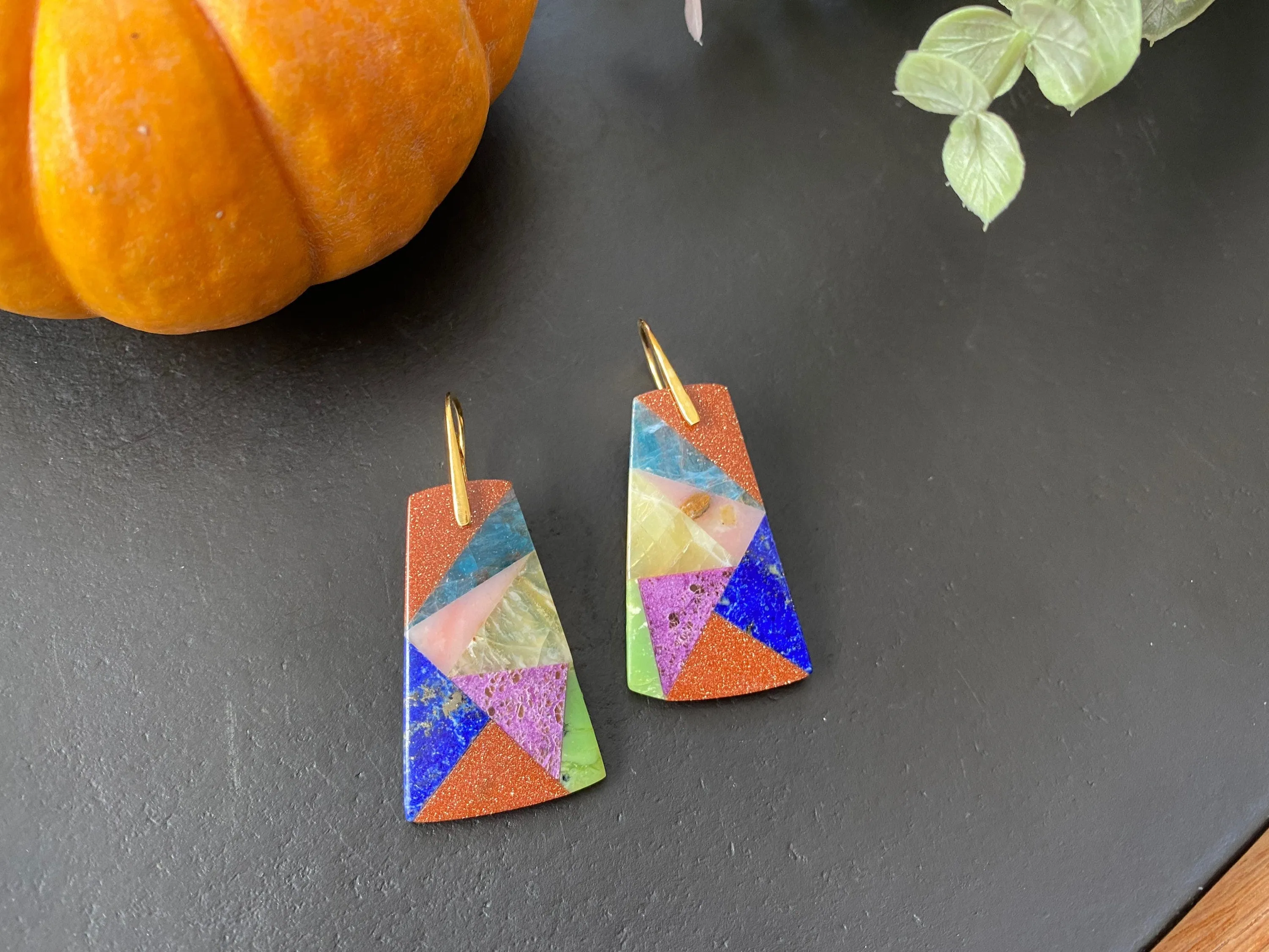 Lepidolite , pink opal , yellow opal, Lapis lazuli, intarsia earrings, statement earrings ,sandstone earrings , natural stone earrings